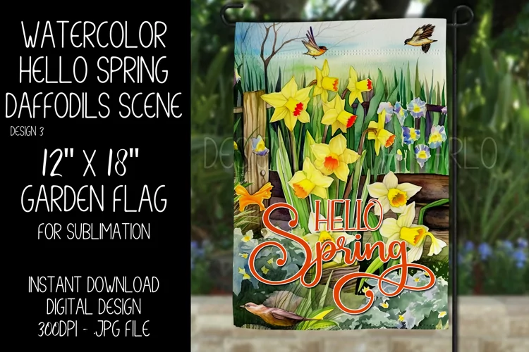 Spring Garden Flag Sublimation Design, Daffodil Scenery, d3