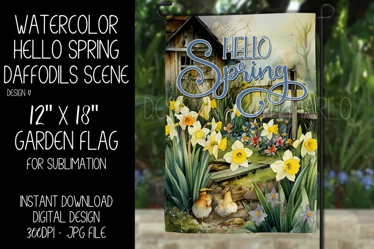 Spring Garden Flag Sublimation Design, Daffodil Scenery, d4