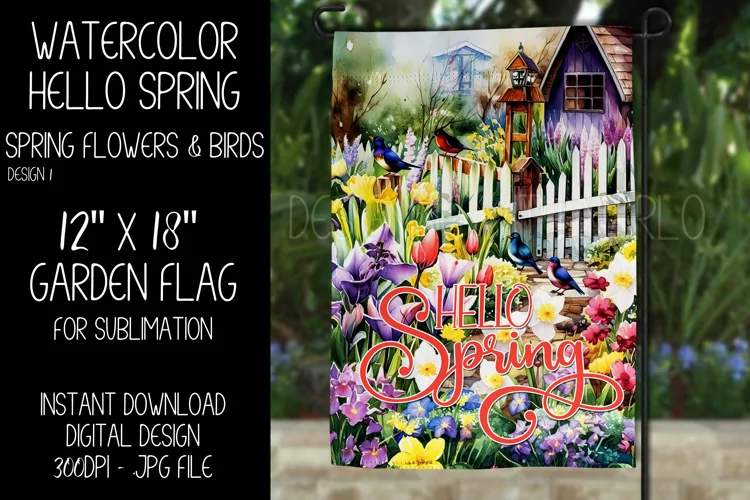 Hello Spring Garden Flag Sublimation Design, Flowers & Birds