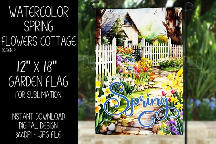 Spring Garden Flag Sublimation Design, Flowers Cottage, d3