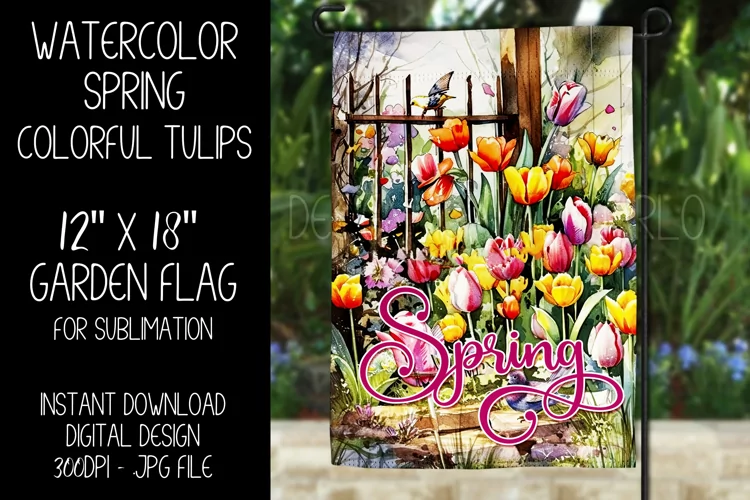 Spring Garden Flag Sublimation Design, Colorful Tulips