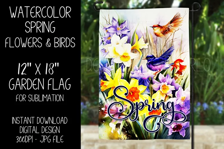 Spring Garden Flag Sublimation Design, Birds and Flowers