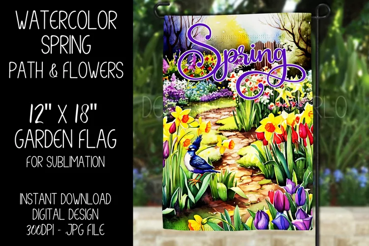 Spring Garden Flag Sublimation Design, Walkway and Flowers