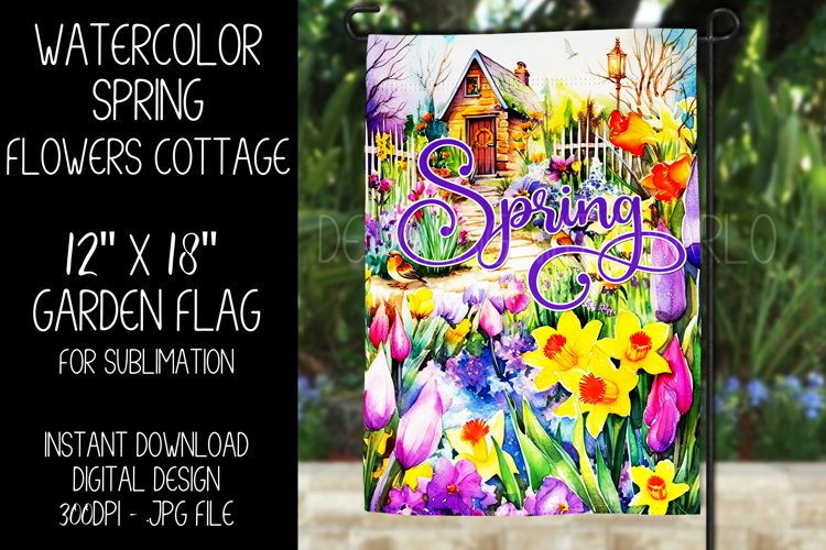 Spring Garden Flag Sublimation Design, Flowers Cottage, d1