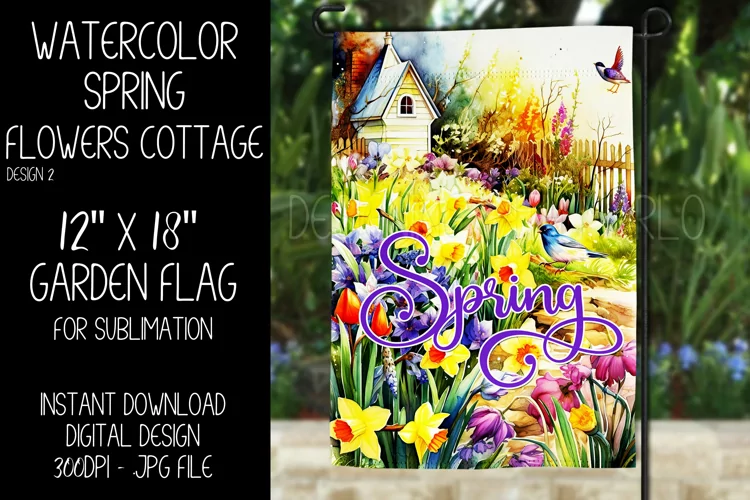 Spring Garden Flag Sublimation Design, Flowers Cottage, d2