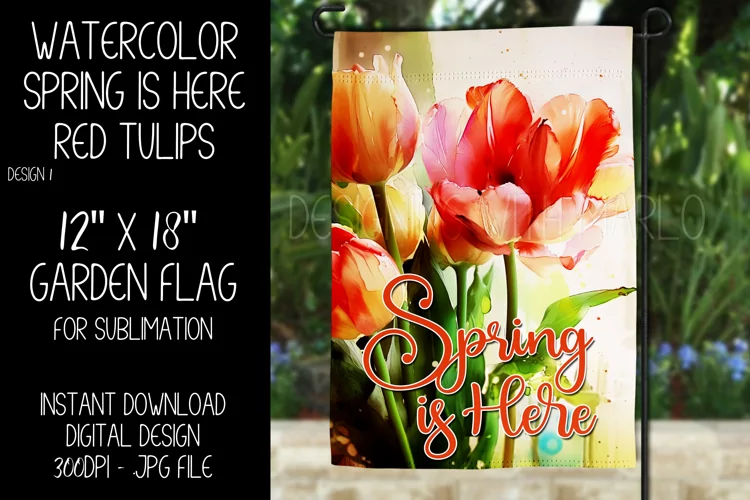Spring Garden Flag Sublimation Design, Watercolor Red Tulips