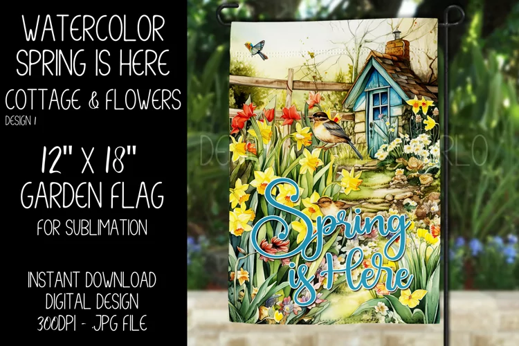 Spring Garden Flag Sublimation Design, Cottage and Flowers