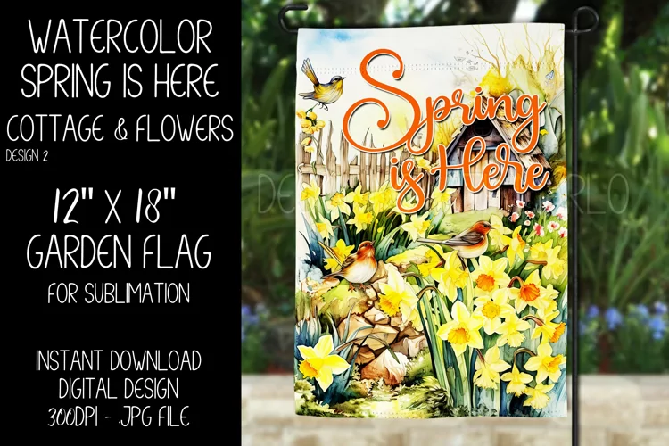 Spring Garden Flag Sublimation Design, Cottage and Flowers