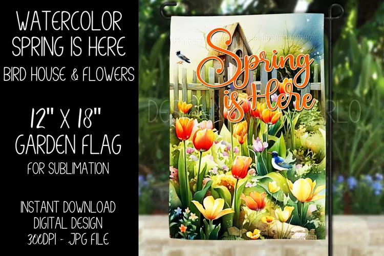 Spring Garden Flag Sublimation Design, Birdhouse and Flowers