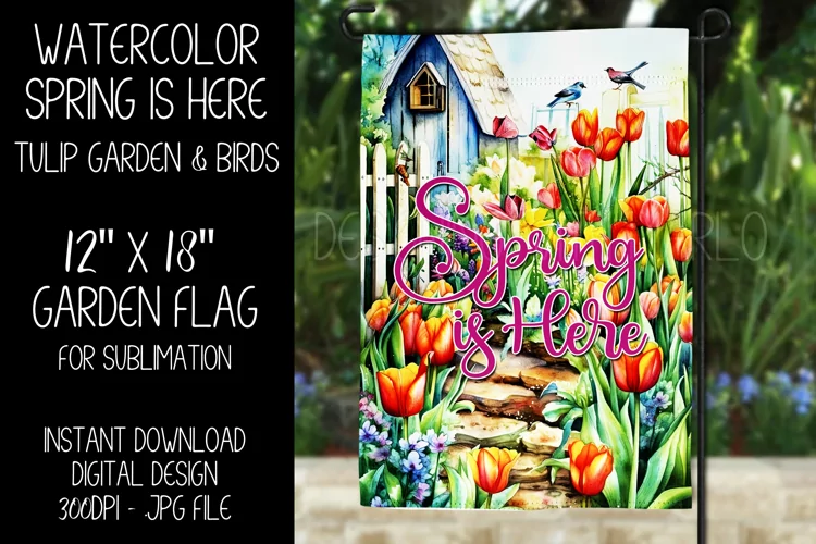 Spring Garden Flag Sublimation Design, Tulips and Birds