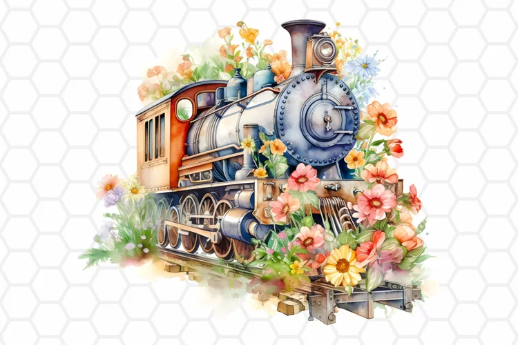 Floral Watercolor Train Clipart, Sublimation PNG Design