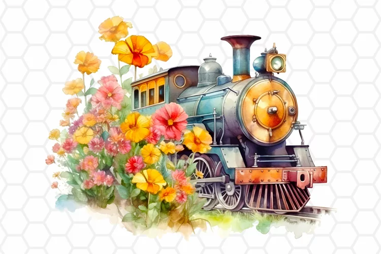 Floral Watercolor Train Clipart, Sublimation PNG Design