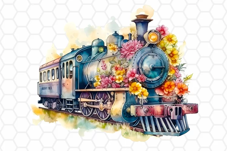 Floral Watercolor Train Clipart, Sublimation PNG Design