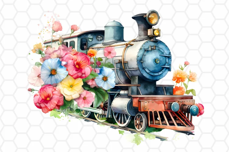 Floral Watercolor Train Clipart, Sublimation PNG Design