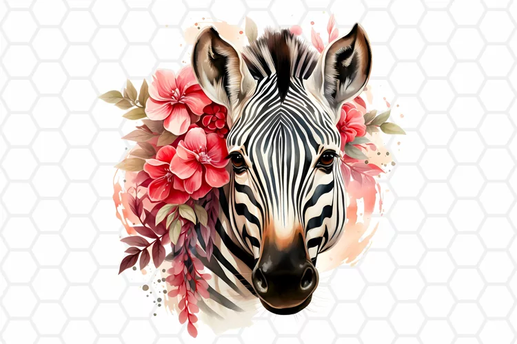 Floral Watercolor Zebra Clipart, Sublimation PNG