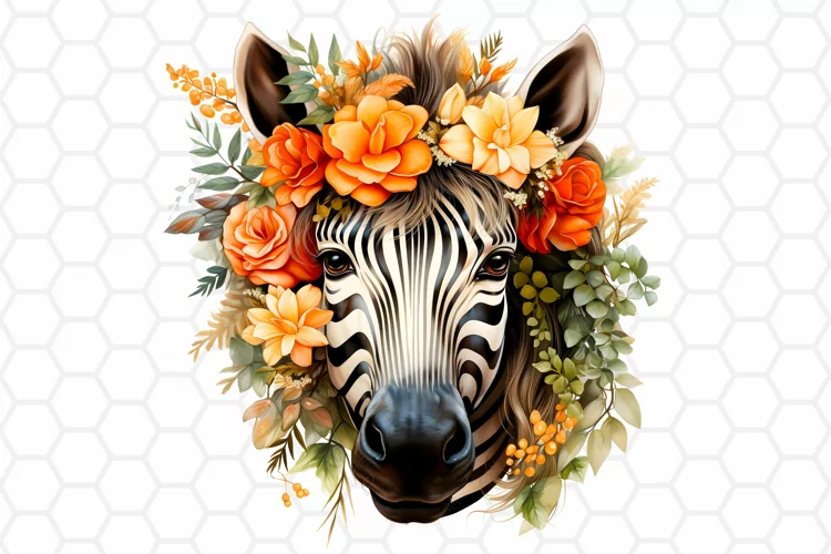 Floral Watercolor Zebra Clipart, Sublimation PNG