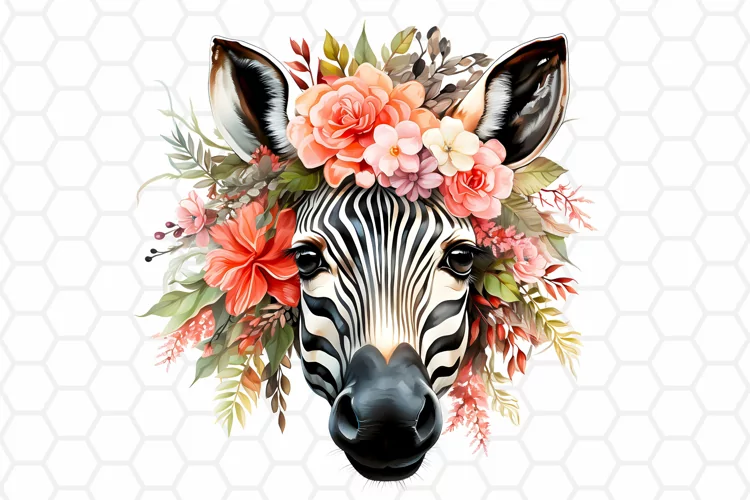 Floral Watercolor Zebra Clipart, Sublimation PNG