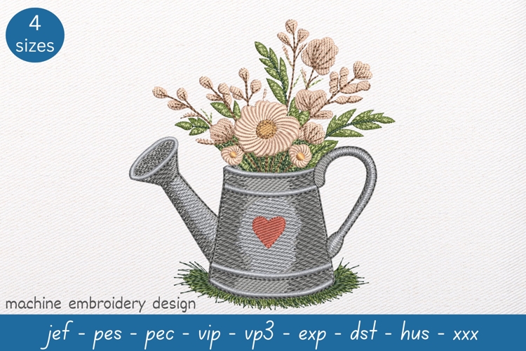 Floral Watering Can Embroidery Design - Nature Pattern