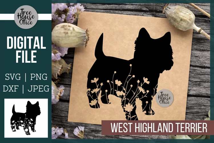 Floral Westie Dog SVG, West Highland Terrier with Flowers
