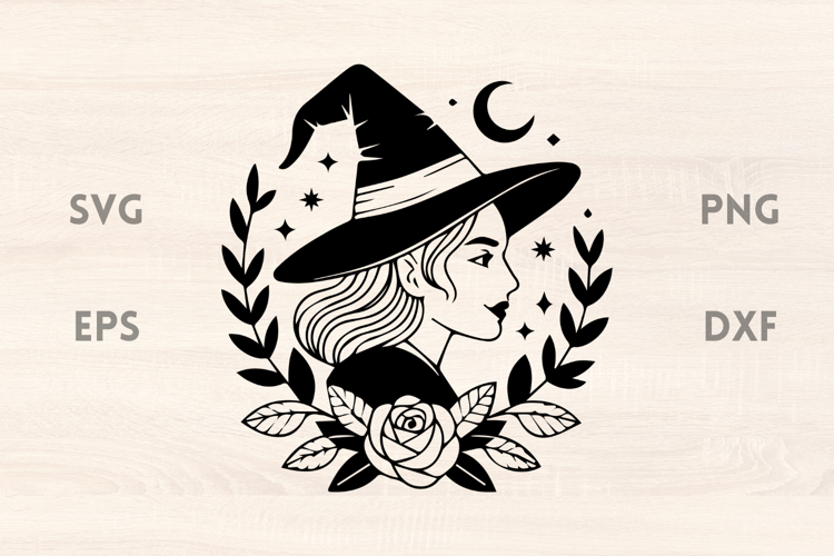 Vintage Witch Portrait with Rose and Moon SVG