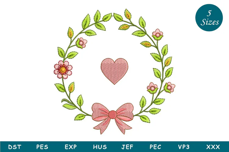 Floral Wreath With Heart Embroidery Design