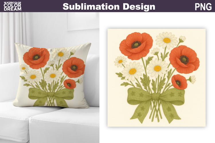 Wildflowers Bow Sublimation | Poppy Daisy Pillow Design