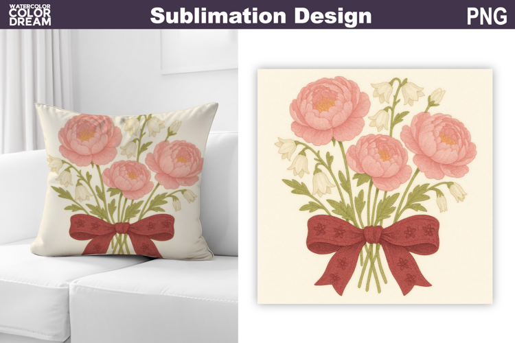 Pink Floral Bow Sublimation | Peony Pillow Design