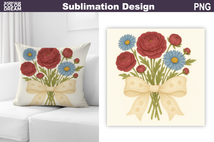 Wildflowers Bow Sublimation | ranunculi Pillow Design