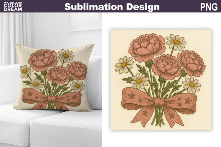Pink Floral Bow Sublimation | Peony Daisy Pillow Design