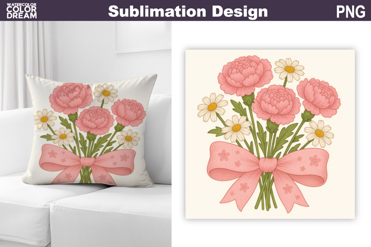 Pink Floral Bow Sublimation | Peony Daisy Pillow Design