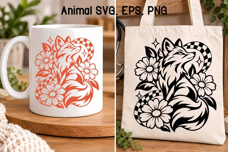 Fox Floral Checkerboard SVG | Animal SVG example image 1