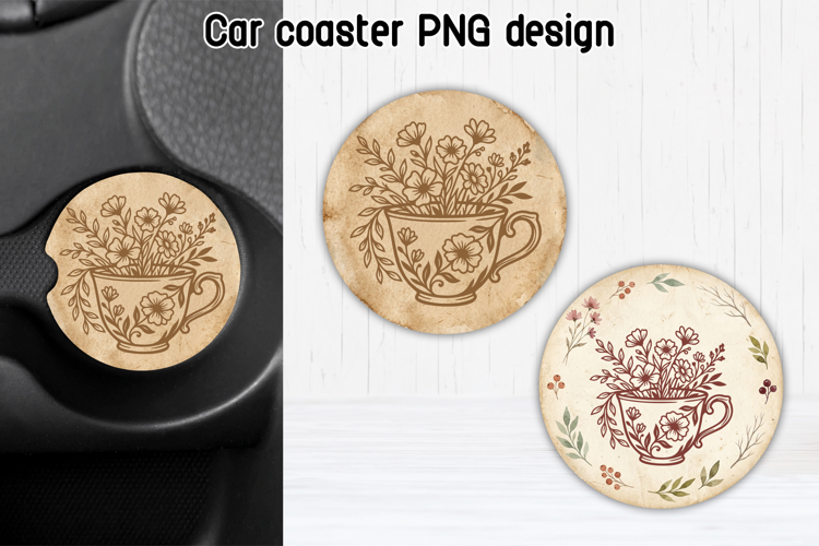 Floral Teacup Car Coaster PNG | Wildflower Sublimation