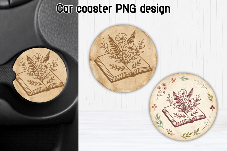 Floral Book Car Coaster PNG | Book Lover Sublimation