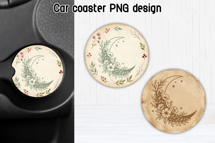 Floral Moon Car Coaster PNG | Celestial Sublimation