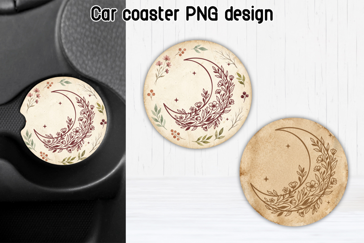 Floral Crescent Moon Car Coaster PNG | Celestial Sublimation