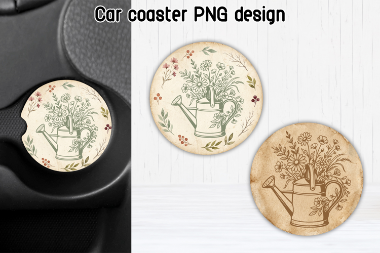Floral Watering Can Car Coaster PNG | Garden Sublimation