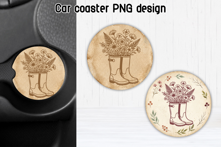 Floral Rain Boots Car Coaster PNG | Garden Sublimation