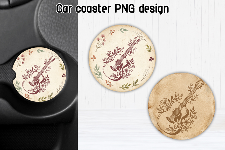 Floral Guitar Car Coaster PNG | Music Sublimation Design