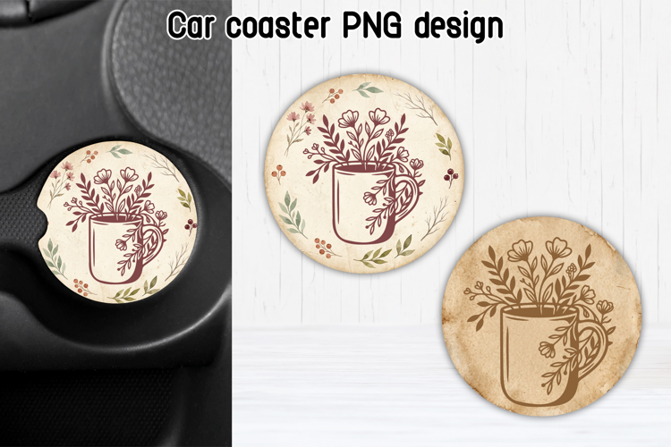 Floral Coffee Mug Car Coaster PNG | Botanical Sublimation