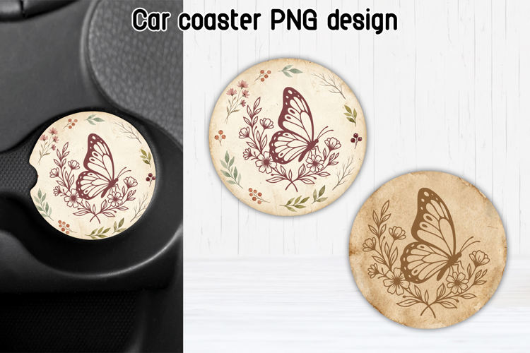 Floral Butterfly Car Coaster PNG | Boho Sublimation