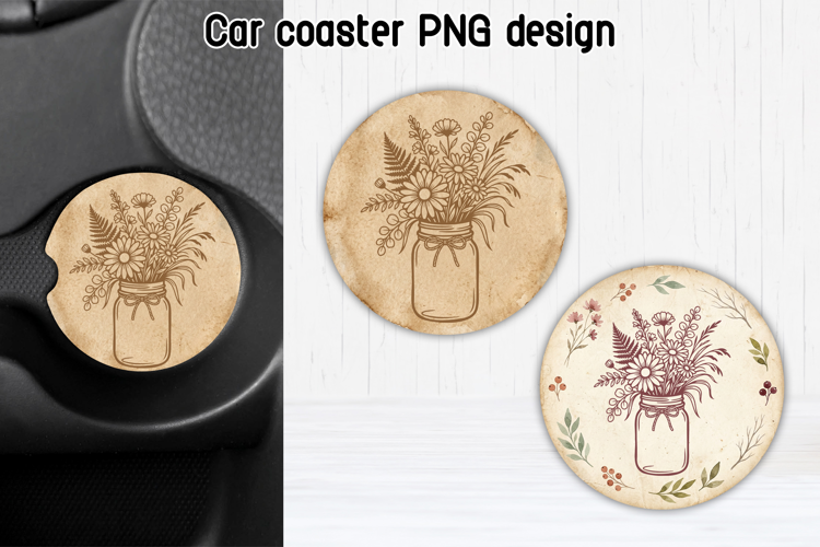 Mason Jar Flowers Car Coaster PNG | Floral Sublimation