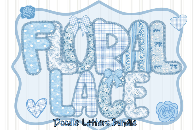 Lace Floral Alphabet PNG bundle, Preppy Blue Toile letters