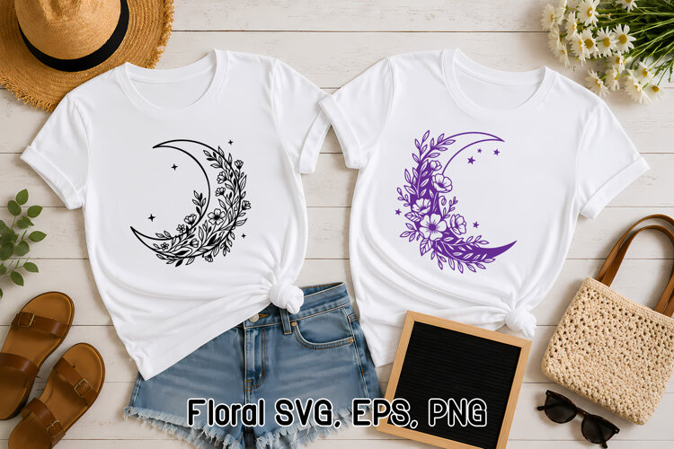 Floral Moon SVG | Crescent Moon Botanical Design example image 1
