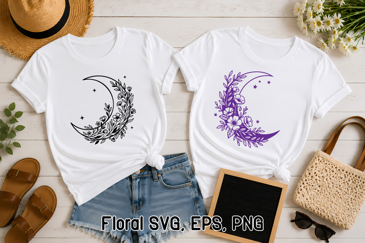 Floral Moon SVG | Crescent Moon Botanical Design