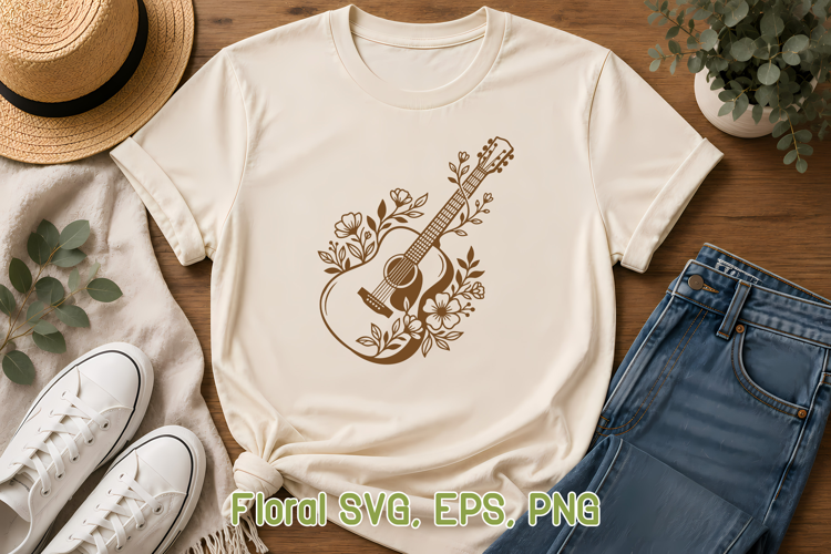 Floral Guitar SVG Design | Botanical Acoustic Guitar Design