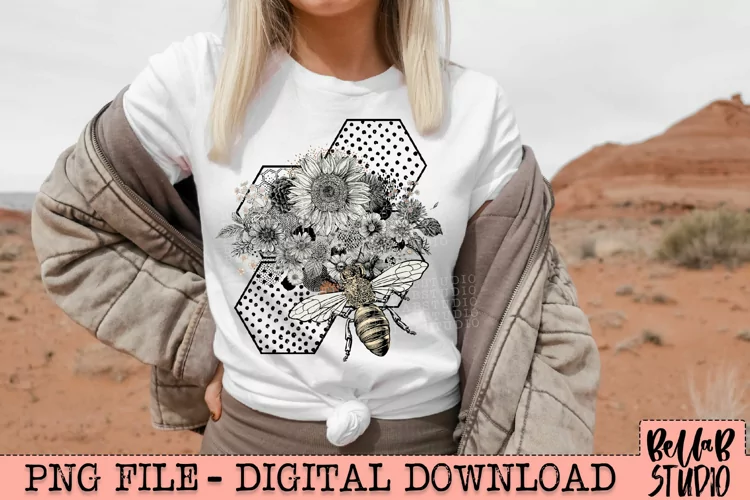Vintage Floral Honey Bee PNG Design