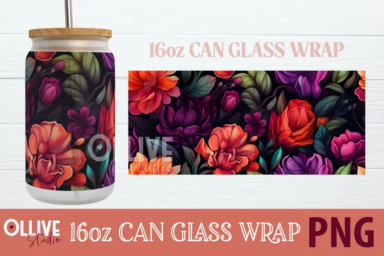 Floral 16oz Can Glass Wrap Sublimation PNG