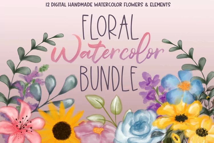 Floral Watercolor Bundle| 12 Digital Watercolor Flowers |PNG