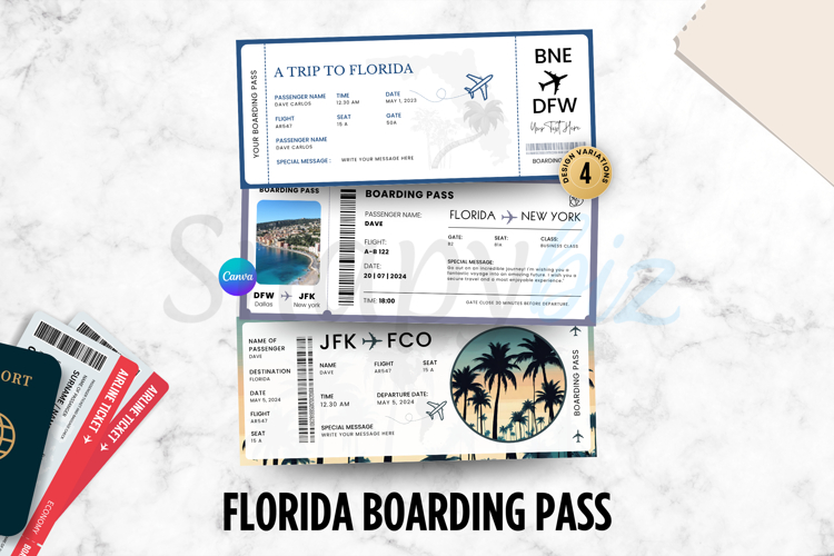Printable FLORIDA Surprise Trip Gift Ticket Canva Template