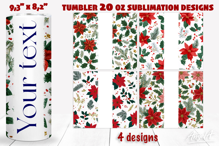 Christmas floral 20 oz tumbler wrap add name Poinsettia PNG